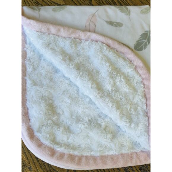 BLANKETS & BEYOND Pink Gray Feathers Leaves Baby Blanket Soft White 28x32” Plush - Picture 4 of 10